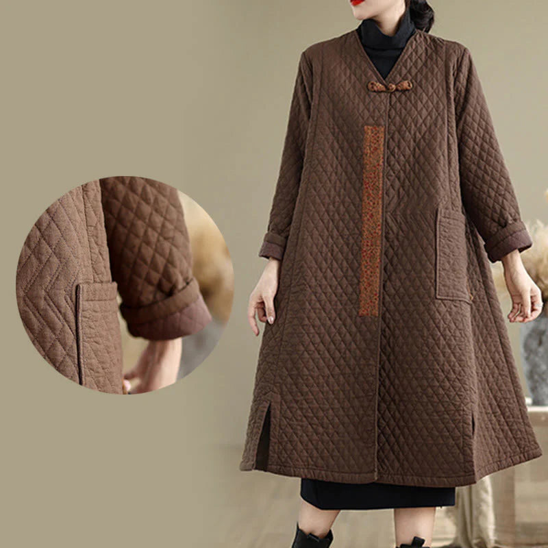 Buddha Stones Diamond Pattern Mid-length Women's Cotton Coat With Pockets