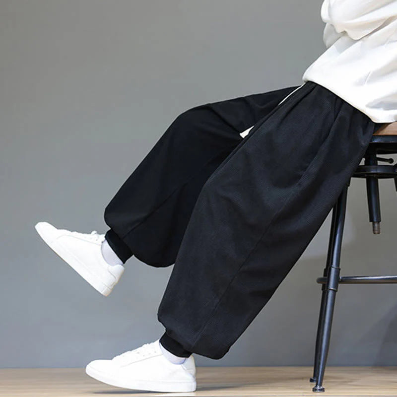 Buddha Stones Fall Plain Drawstring Simple Design Men's Harem Cotton Corduroy Pants With Pockets