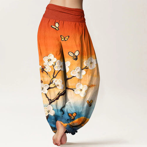 Buddha Stones Cotton Colourful Flower Butterfly Bee Pattern Women's Elastic Waist Harem Pants