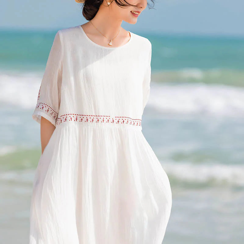 Buddha Stones Solid Color Embroidery Short Sleeve Cotton Midi Dress