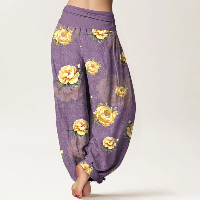 Buddha Stones Cotton Delicate Peony Pattern Women's Elastic Waist Harem Pants