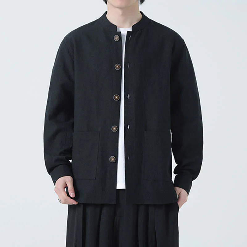 Buddha Stones Men's Button Ramie Linen Cotton Fleece Lined Jacket Shirt With Pockets