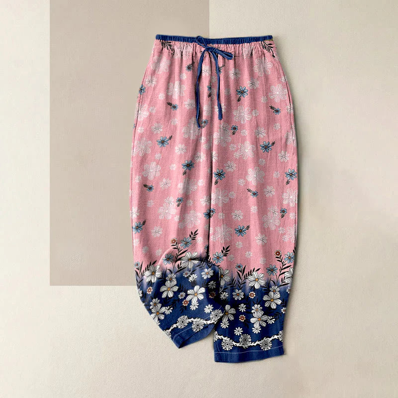 Buddha Stones Pure Cotton Daisy Pattern Women's Elastic Waist Pants With Pockets