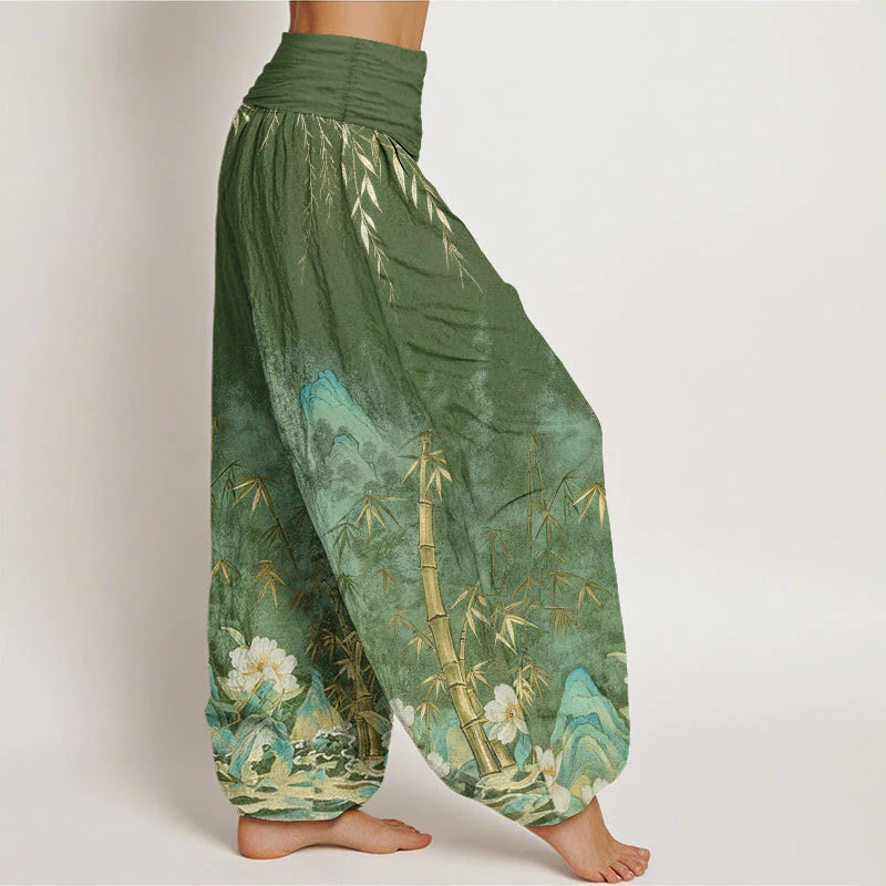 Buddha Stones Cotton Natural Landscape Bamboo Flowers Pattern Women's Elastic Waist Harem Pants