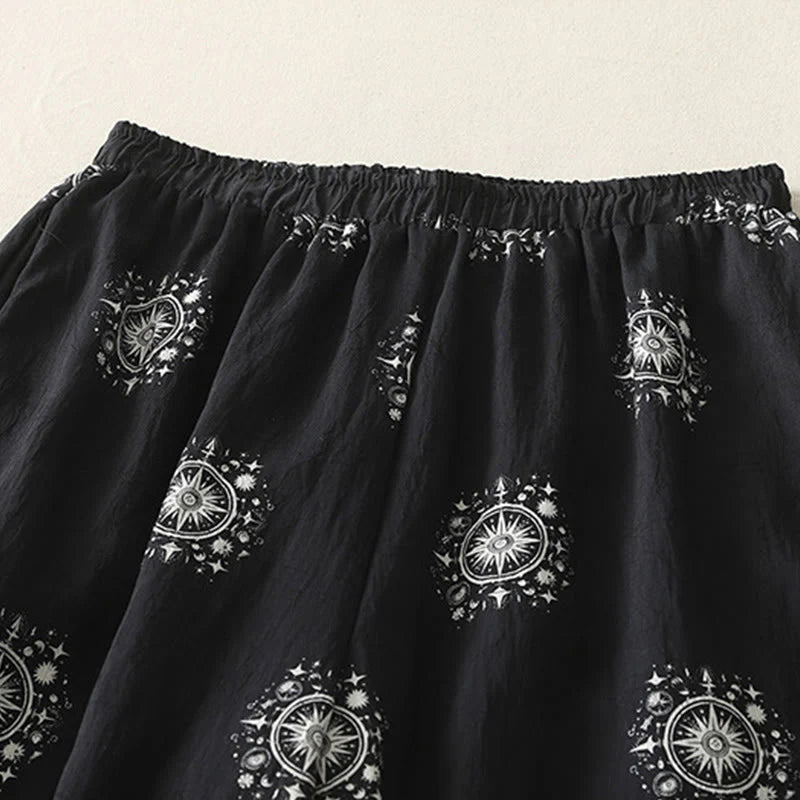 Buddha Stones Bohemian Printing Celestial Pattern Women's Wide Leg Cotton Pants With Pockets