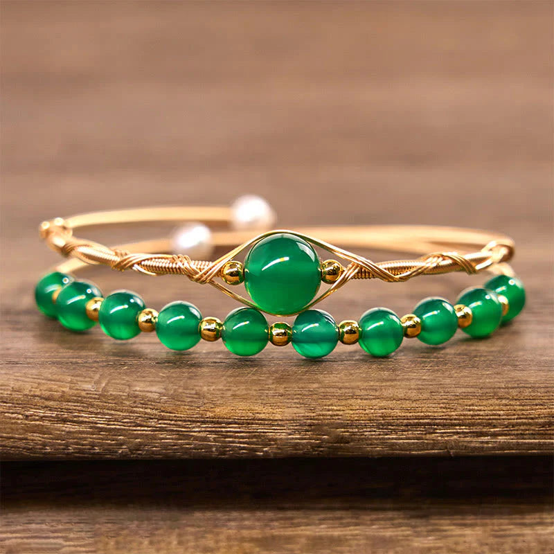 Buddha Stones 14K Gold Filled Copper Natural Green Agate Power Metal Cuff Bracelet Bangle