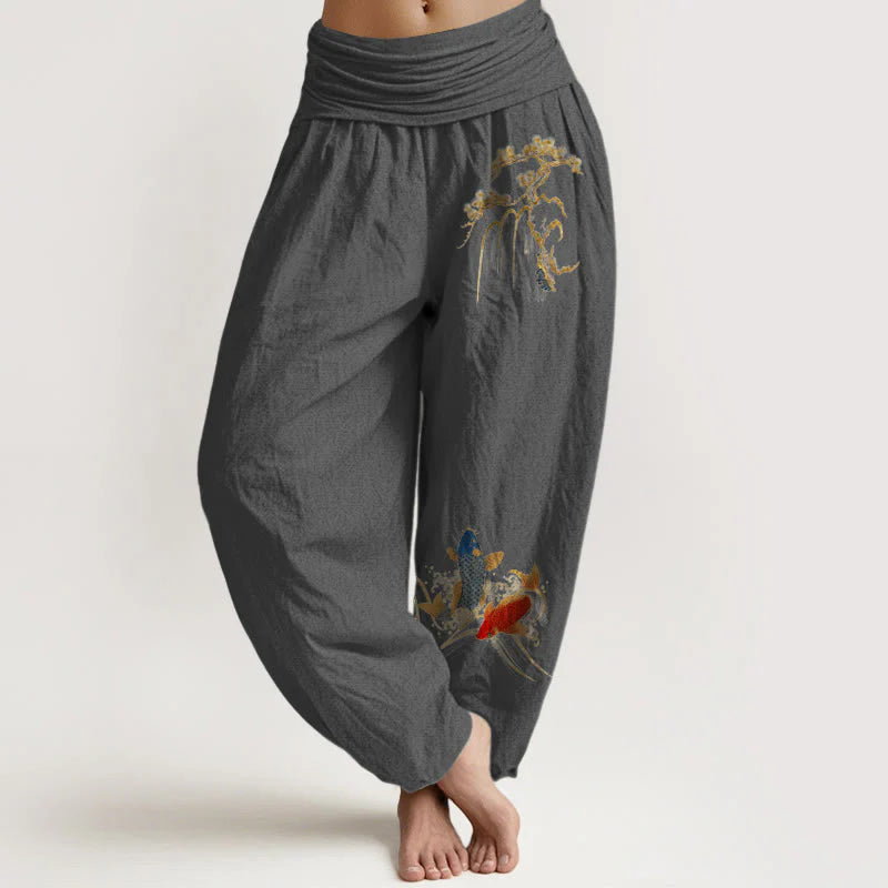 Buddha Stones Pure Cotton Pine Tree Koi Fish Pattern Women's Elastic Waist Harem Pants