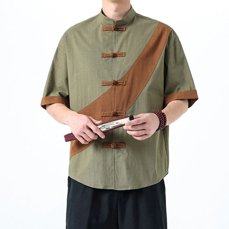 Buddha Stones Spring Color Contrast Chinese Frog-Button Design Men's Half Sleeve Cotton Linen Shirt