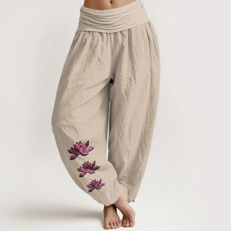 Buddha Stones Casual Lotus Pattern Pure Cotton Women's Elastic Waist Harem Pants