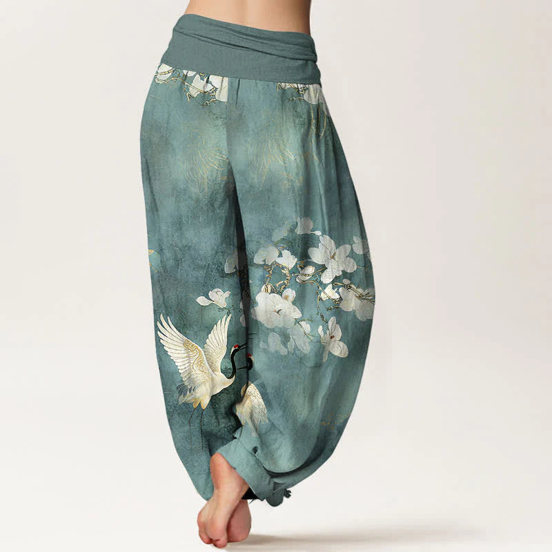 Buddha Stones Crane Blooming Flowers High Waist Women's Harem Pure Cotton Pants