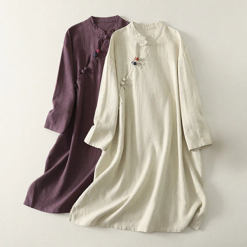 Buddha Stones Spring Diagonal Closure Frog Buttons Design Cotton Long Sleeve Midi Dress