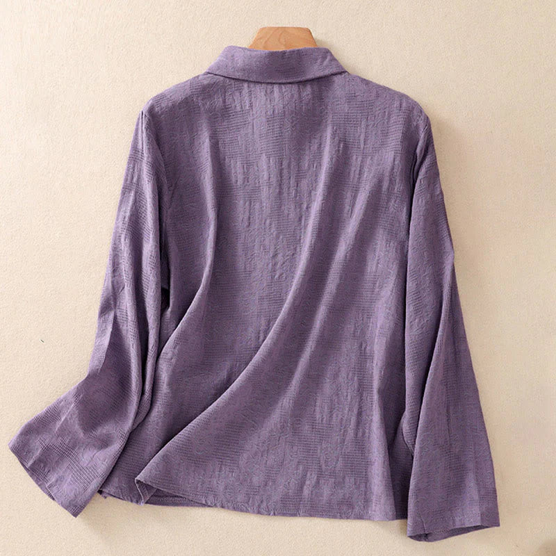 Buddha Stones Fall Embroidery Asymmetrical Design Frog-Button Women's Cotton Long Sleeve Shirt