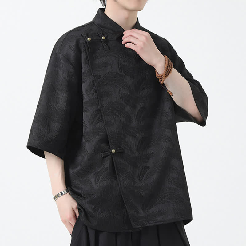 Buddha Stones Summer Mandarin Collar Textured Jacquard Men's Elbow Sleeve Shirt