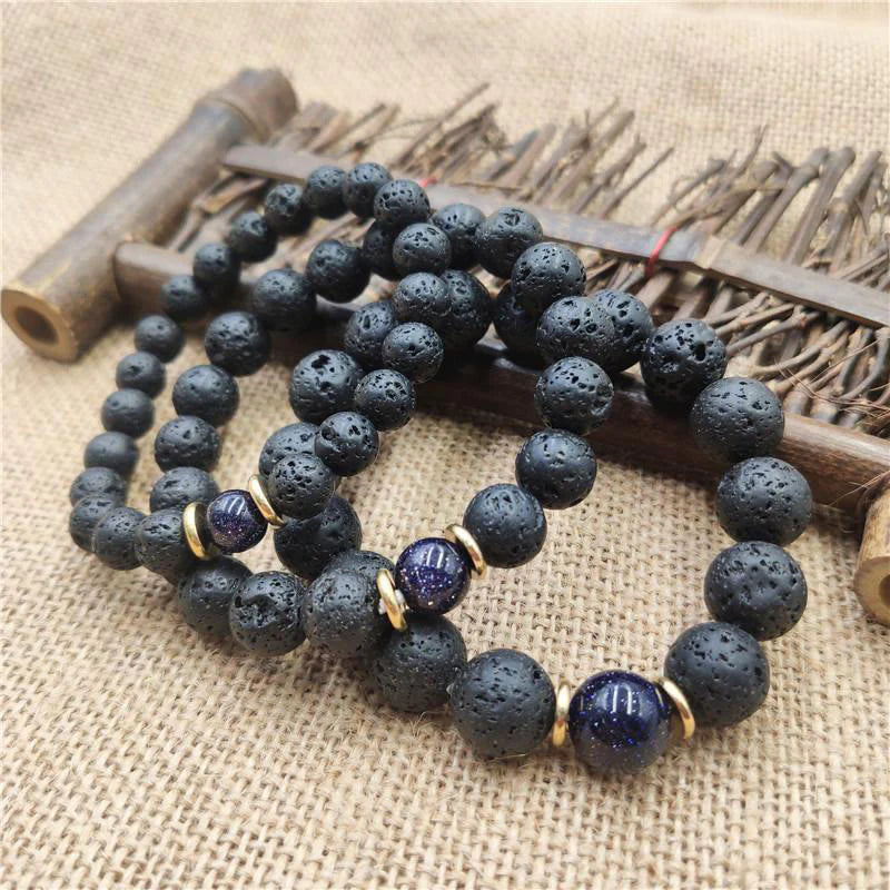 Buddha Stones Lava Rock Goldstone Blue Sandstone Healing Bracelet