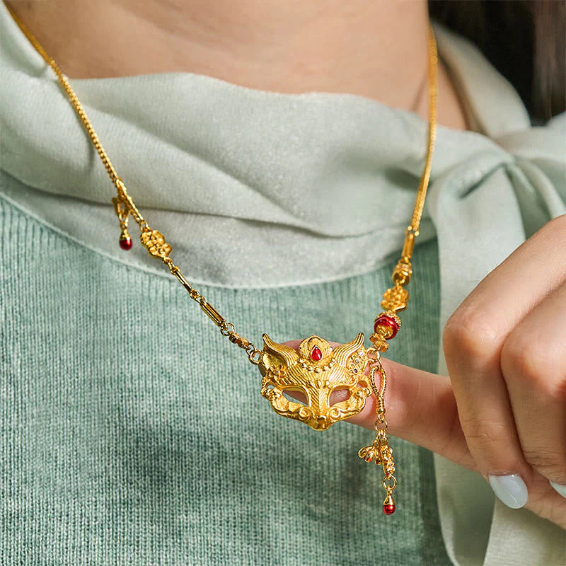 Buddha Stone 24k Gold Plated Brass Fox Design Tassel Pendant Necklace
