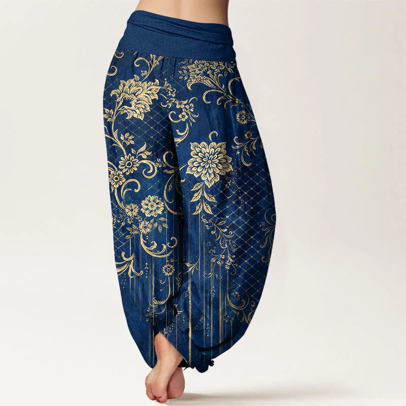 Buddha Stones Pure Cotton Classical Flower Leaf Vine Pattern Women's Elastic Waist Harem Pants