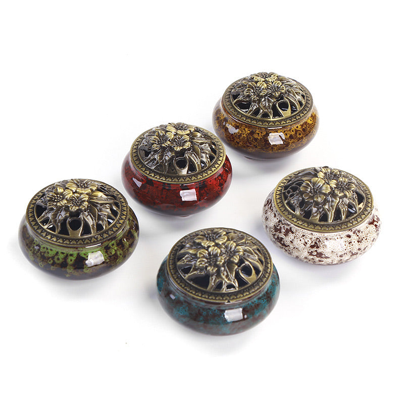 Buddha Stones Flower Pattern Ceramic Blessing Meditation Incense Burner Decoration
