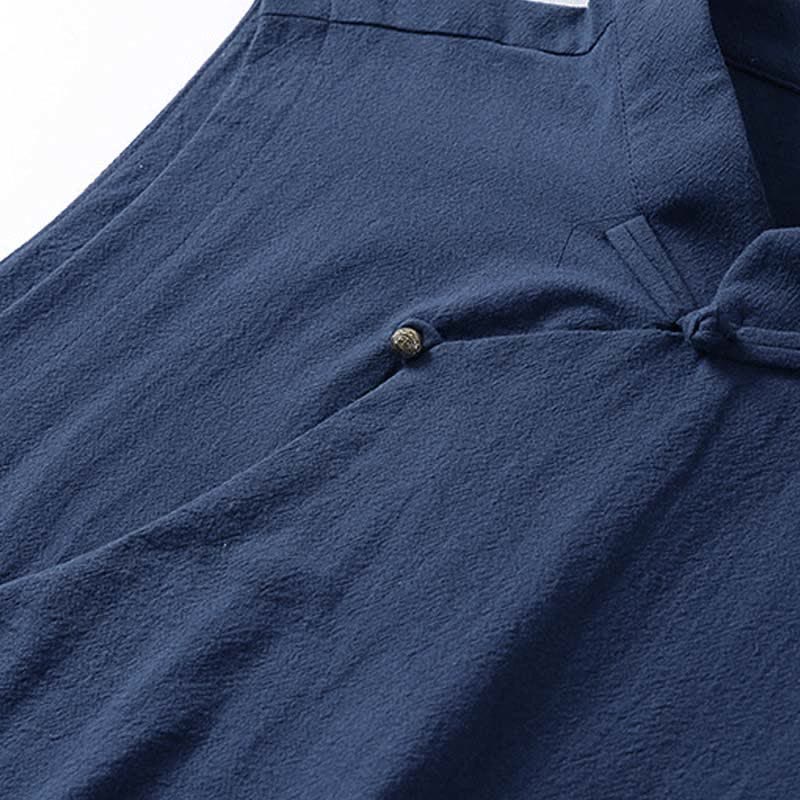 Buddha Stones Summer Solid Color Stand Collar Frog-Button Men's Cotton Linen Sleeveless Vest