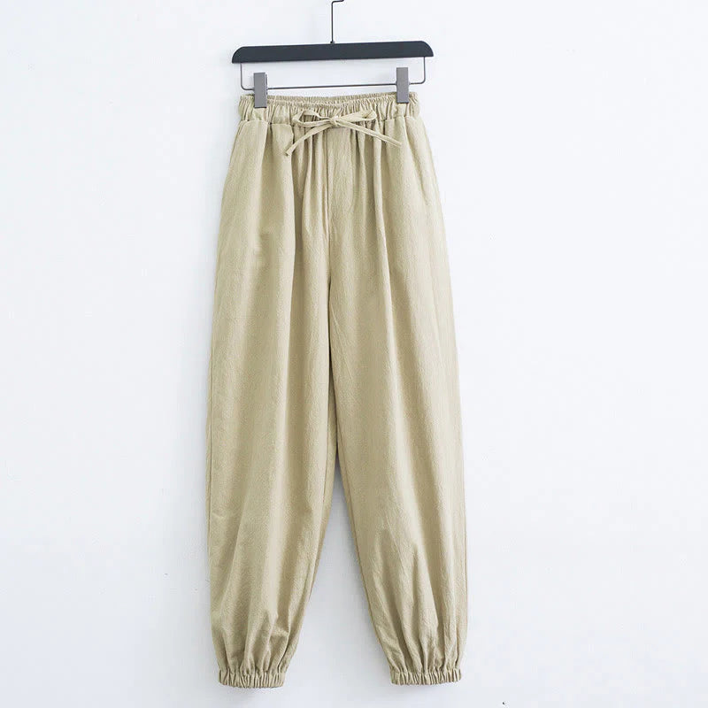 Buddha Stones Solid Color Cotton Linen Casual Men's Harem Pants With Pockets