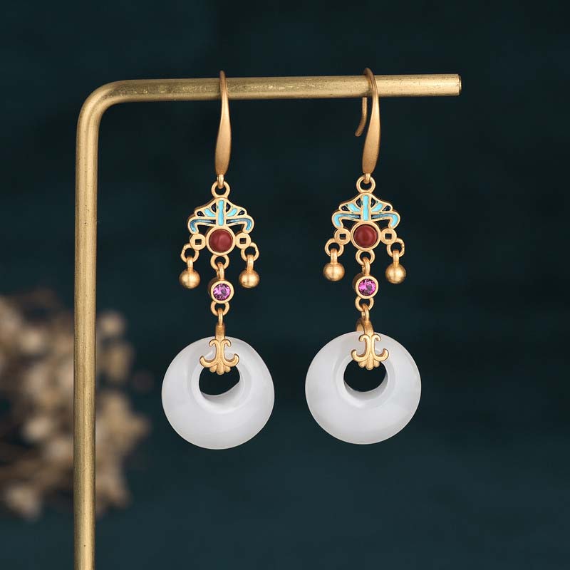 Buddha Stones FengShui White Jade Blessing Drop Earrings
