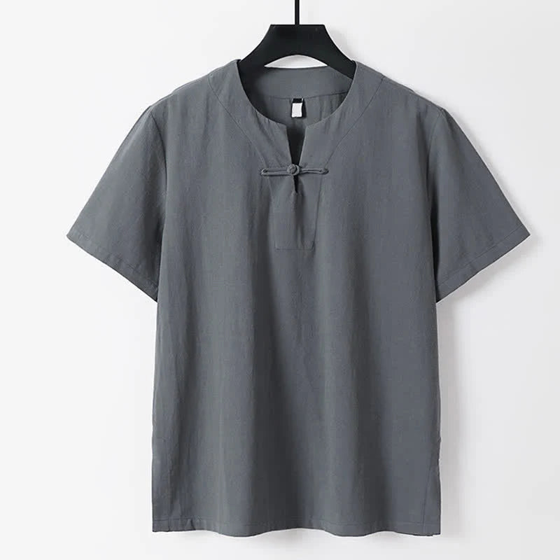 Buddha Stones Solid Color Frog-Button Short Sleeve Notched Collar Men's Cotton Linen T-Shirt