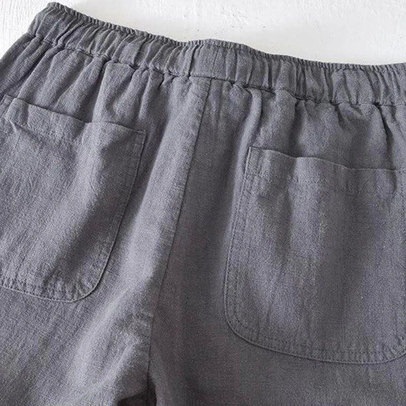 Buddha Stones Summer Solid Color Drawstring Elastic Waist Men's Cotton Linen Shorts With Pockets