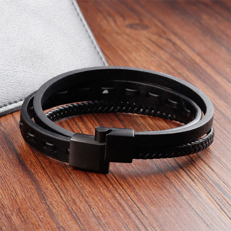 Buddha Stones Titanium Steel Buckle Multilayered Braided Leather Calm Bracelet