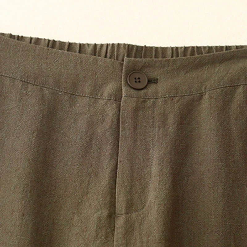 Buddha Stones Casual Plain Women's Cotton Linen Elastic Waist  Wide Leg Pants With Pockets