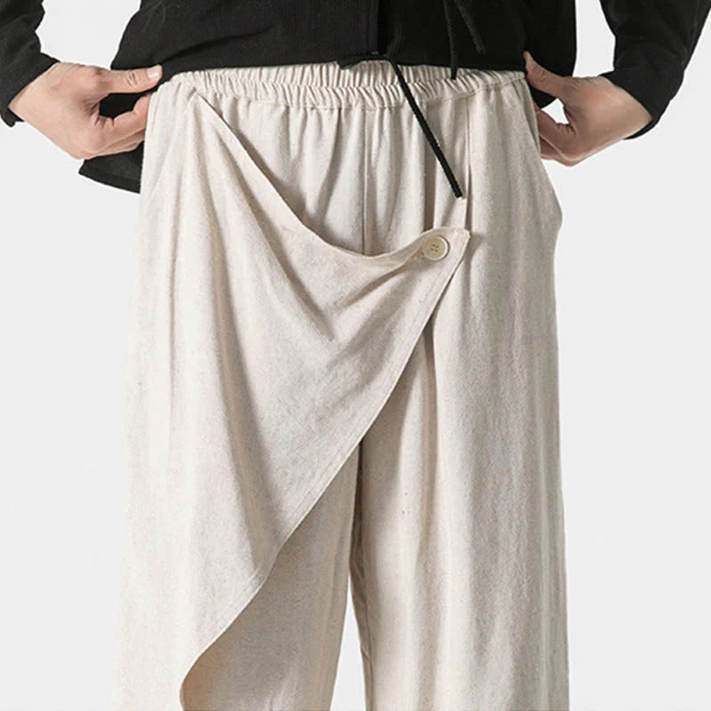 Buddha Stones Asymmetrical Patched Design Plain Men's Cotton Pants With Pockets