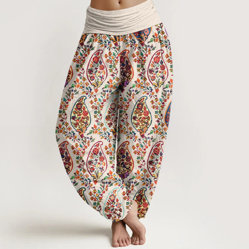 Buddha Stones Cotton Brightly Colored Retro Flowers Leaves Pattern Women's Elastic Waist Harem Pants