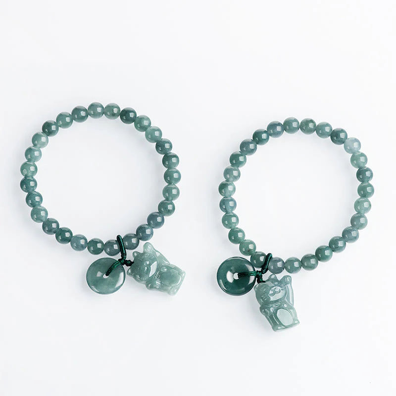 Buddha Stones Blue Jade Peace Buckle Lucky Cat Prosperity Bracelet
