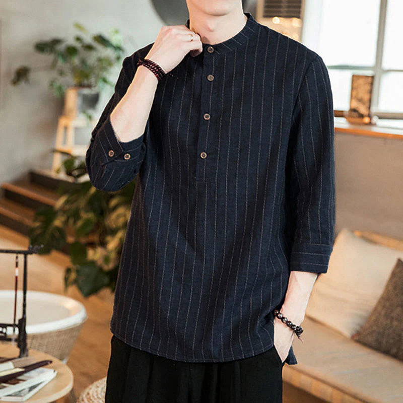 Buddha Stones Plaid Half Buttons Stand Collar Three Quarter Sleeve Cotton Men's Shirt