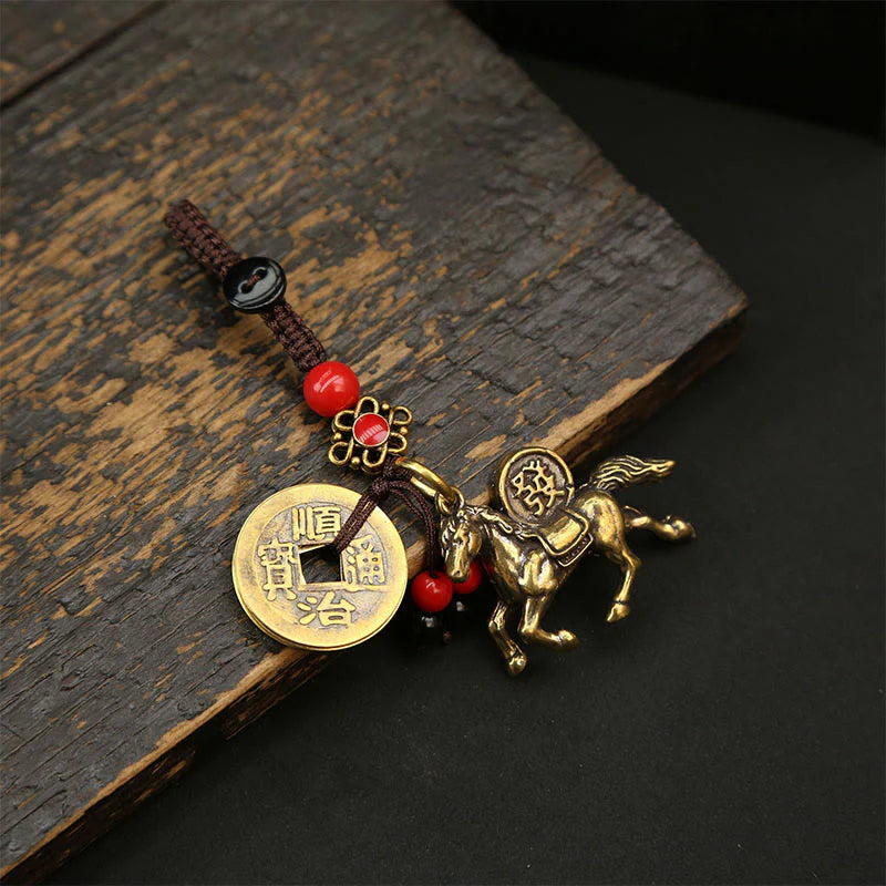Buddha Stones Year Of The Horse Copper Brass Five-emperor Coins Pixiu Ward Off Evil Spirits Key Chain