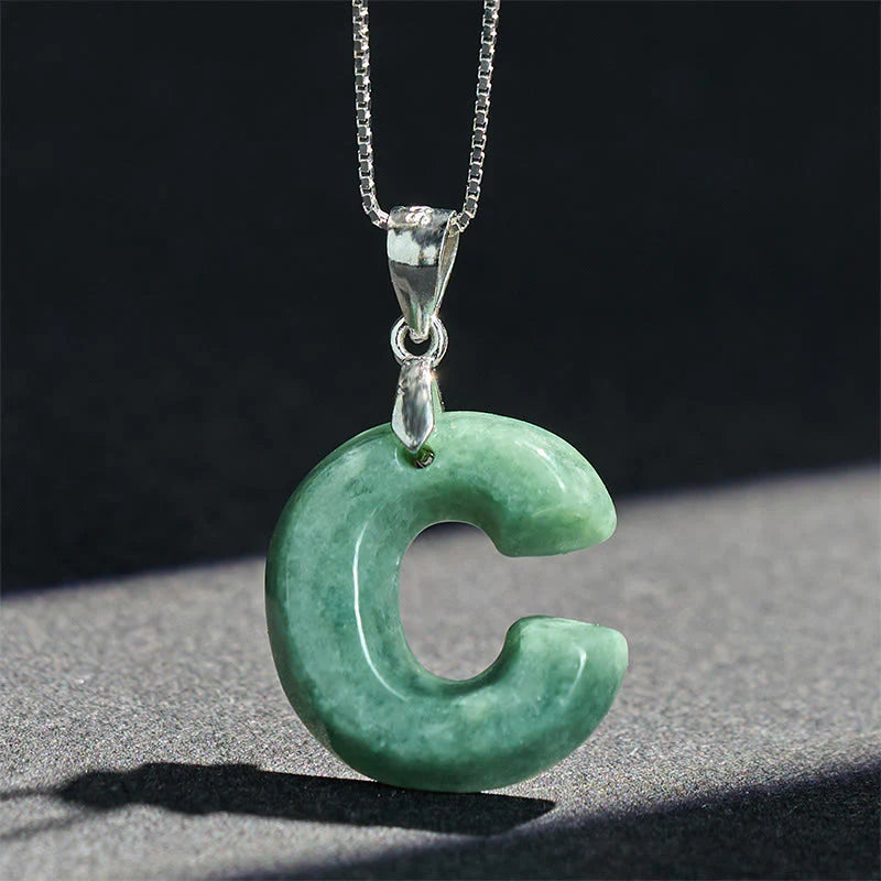 Buddha Stones Natural A-Z Letter Jade 925 Sterling Silver Silm Chain Prosperity Necklace Pendant