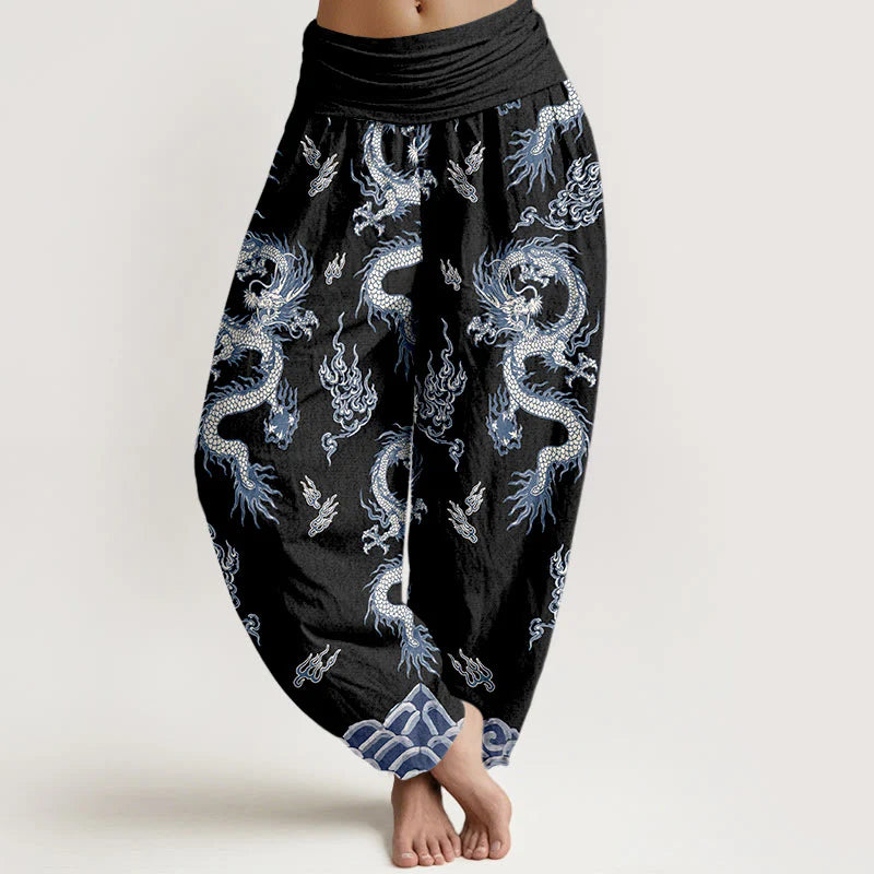 Buddha Stones Pure Cotton Dragon And Cloud Pattern Women's Elastic Waist Harem Pants