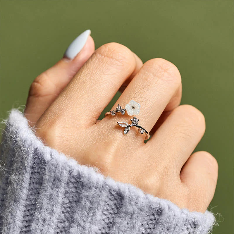 Buddha Stones White Flower Design Adjustable Healing Copper Ring