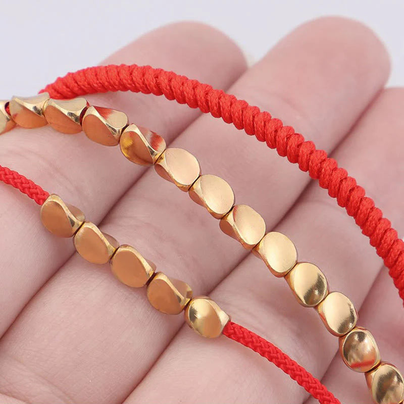 Buddha Stones 3Pcs Golden Copper Beads Red String Luck Bracelet
