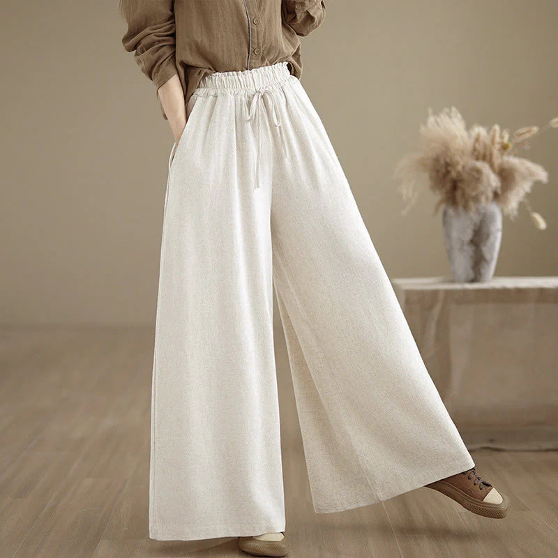 Buddha Stones Women's Pure Color Drawstring Cotton Linen Wide Leg Ankle-Length Pants With Pockets