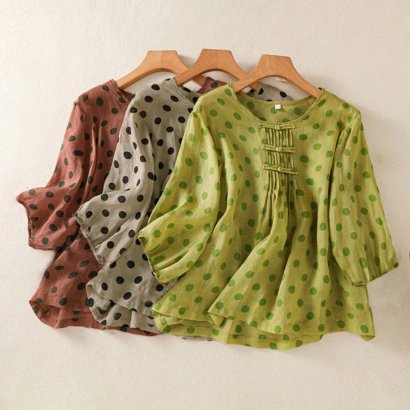 Buddha Stones Fall Round Neck Polka Dots Long Sleeve Women's Polyester Shirt