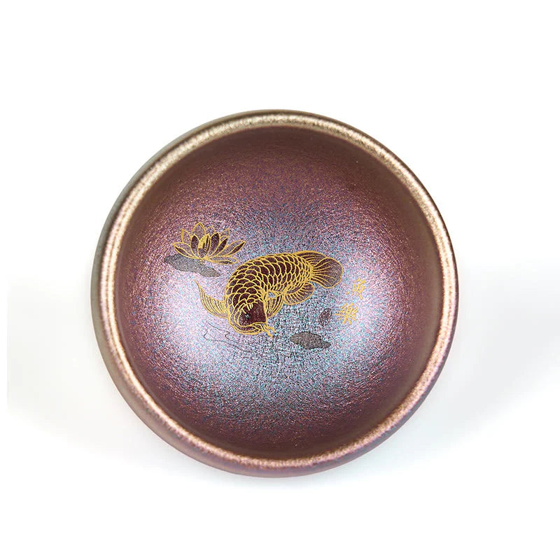 Buddha Stones Handmade Chinese Jianzhan Koi Fish Lotus Leaf Ceramic Teacup Kung Fu Tea Cup 150ml