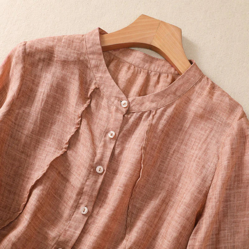 Buddha Stones Casual Daily Plain Button Ruffled Design Stand Collar Women's Cotton Linen Three Quarter Sleeve Shirt Cardigan