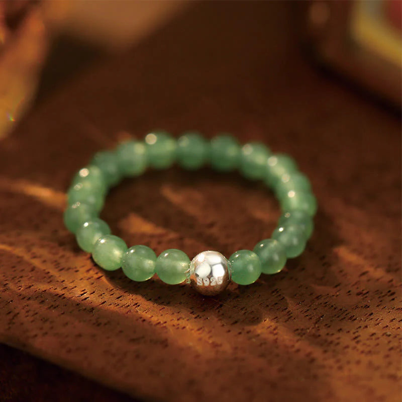 Buddha Stones 925 Sterling Silver Crystal Beads White Jade Black Onyx Blessing Elastic Ring