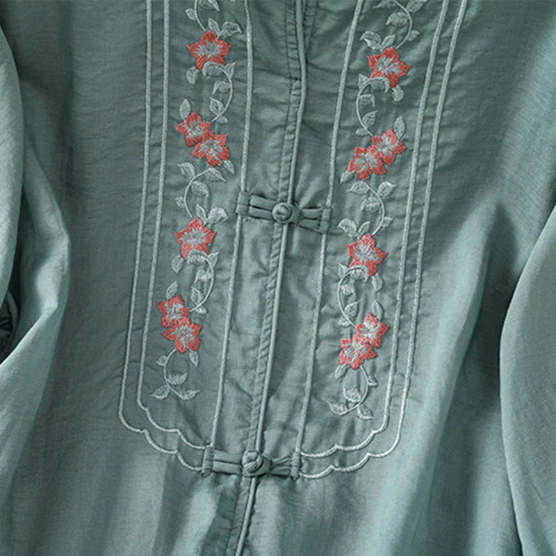 Buddha Stones Casual Embroidery Frog-Button Cotton Polyester Half Sleeve Women's Stand Collar Shirt