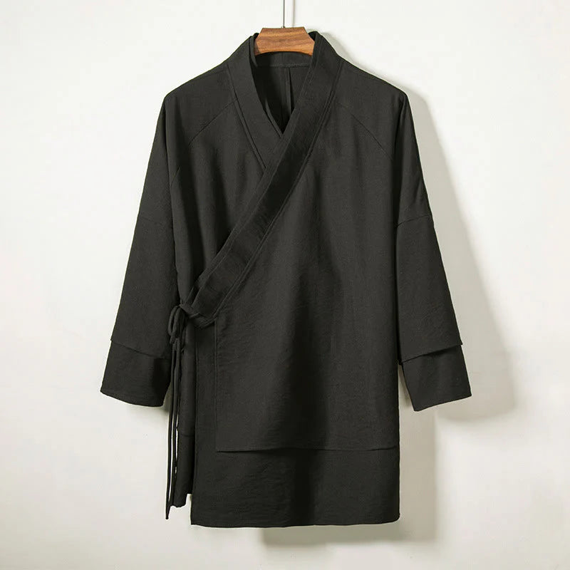 Buddha Stones Lace-Up Design Open Front Jacket Men's Long Sleeve Kimono