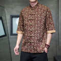 Buddha Stones Summer Colorful Floral Leaves Pattern Short Sleeve Frog-button Design Men's Cotton Shirt
