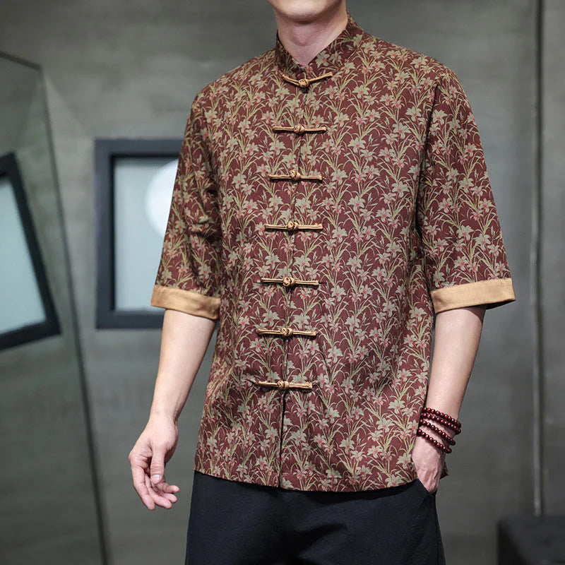 Buddha Stones Summer Colorful Floral Leaves Pattern Short Sleeve Frog-button Design Men's Cotton Shirt