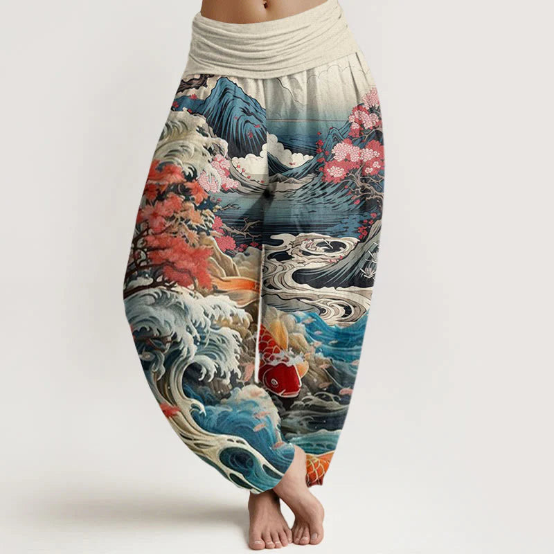 Buddha Stones Cotton Casual Blossoming Tree Koi Fish Wave Mountain Pattern Women's Elastic Waist Harem Pants
