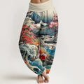 Buddha Stones Cotton Casual Blossoming Tree Koi Fish Wave Mountain Pattern Women's Elastic Waist Harem Pants