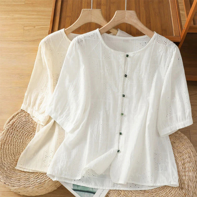 Buddha Stones Casual Embroidery Hollow Cotton Polyester Half Sleeve Women's Crew Neck Shirt