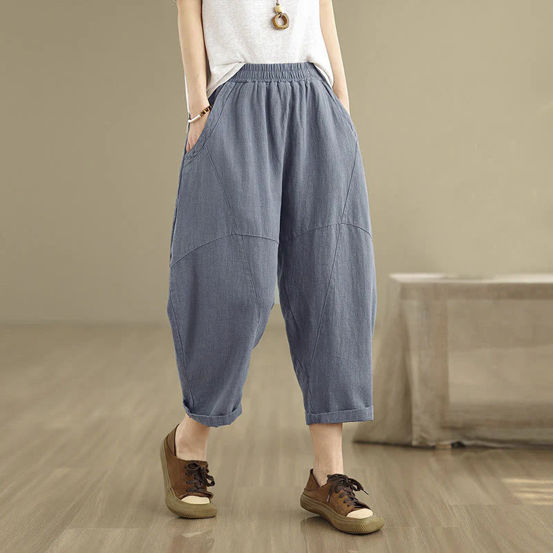 Buddha Stones Spring 7-8 Length Solid Color Women's Cotton Linen Harem Pants With Pockets